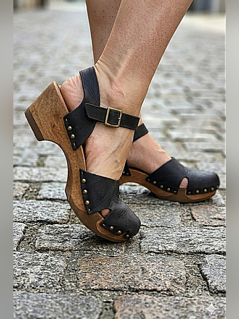 Loints of Holland Woodstock Leather-Wooden Flexible Clogs Mules / Sz 9.5 / Black